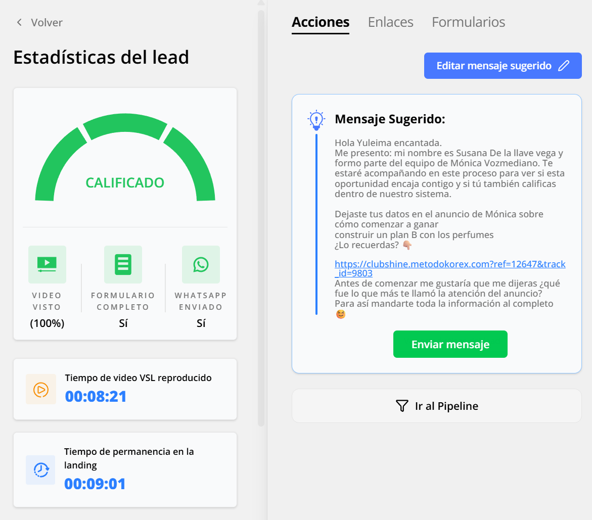 Ficha del lead con mensaje sugerido por IA